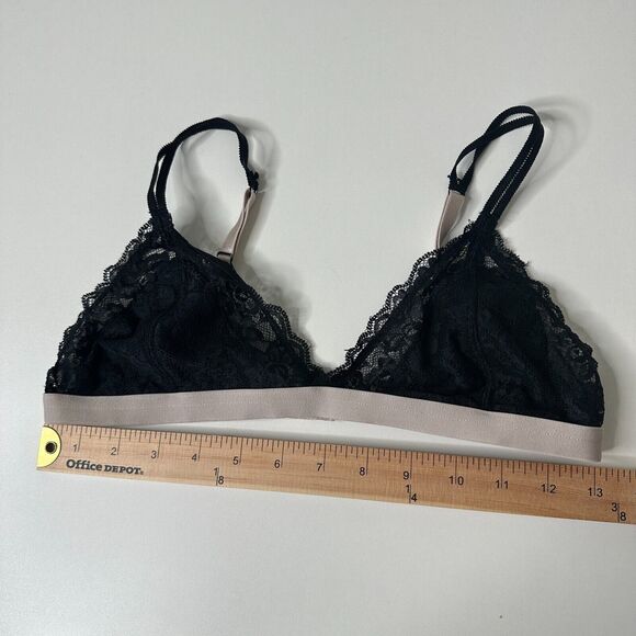 Black With Nude Edging Triangle Lace Bralette Adj Straps Hook & Eye Close Large - Picture 11 of 12